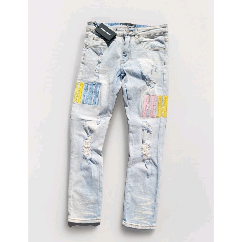 NWT HOMME+FEMME Letterman denim distressed multicolor Men's Jeans logo sz 28x28